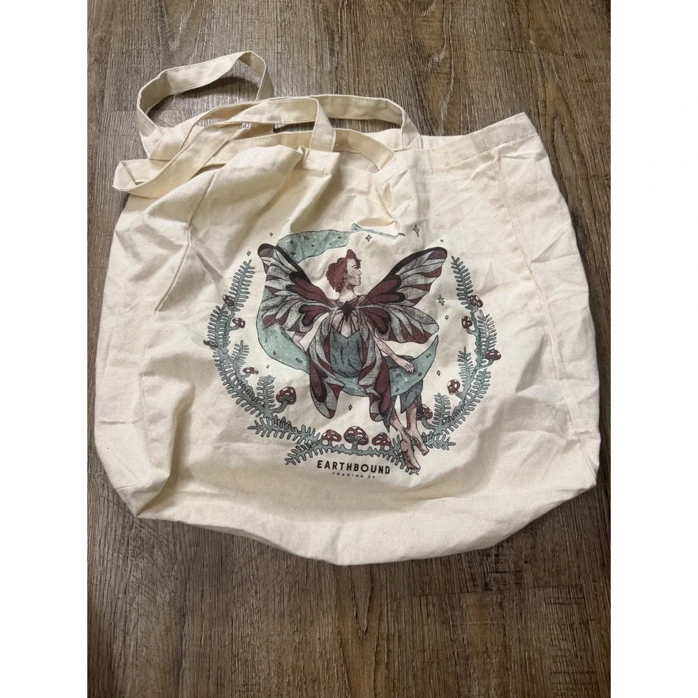 Earthbound Trading Co Fairy Moon Mushroom Canvas Tote Bag Cream Boho Shopper